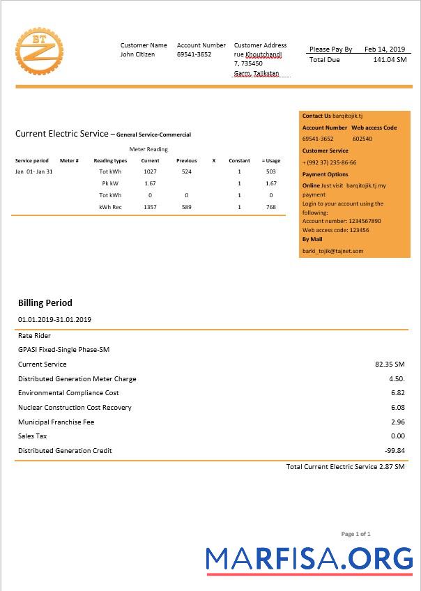Printable Tajikstan Barqi Tojik electricity bill in Word format example